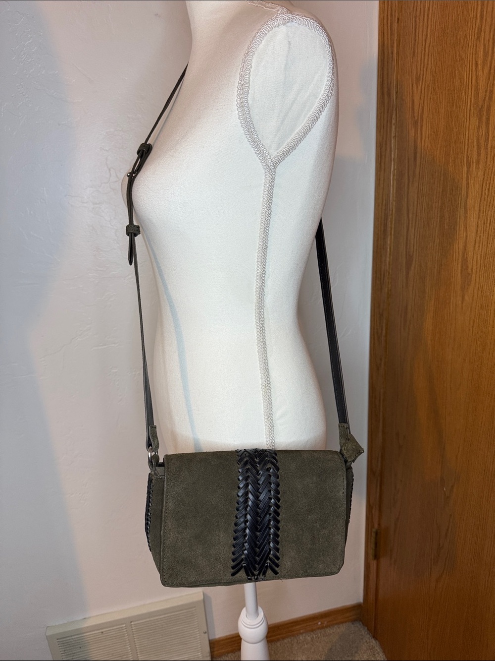 Zara olive suede and black leather crossbody bag